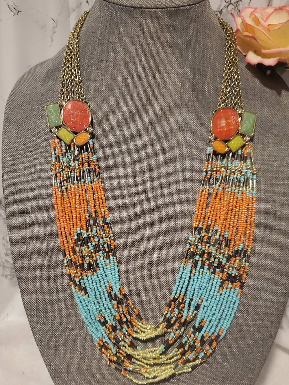 Bohemian Multi-Strand Beaded Necklace - Orange & Turquoise